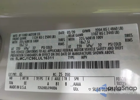 2020 Lincoln Corsair z USA, uszkodzony, nr VIN 5LMCJ1C96LUL16311